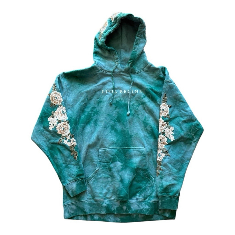Large Civil Regime Aqua Marble Roses Embroidered Pullover Hoodie Lightning NWOT